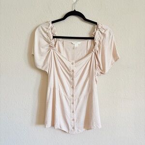 H&M woman’s tan Button-Front Puff Sleeve Blouse size L feminine chic spring